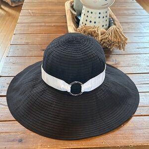 Lauren Ralph Lauren Wide Brim Sun Hat with Silk Ribbon and Silver Embossed Ring